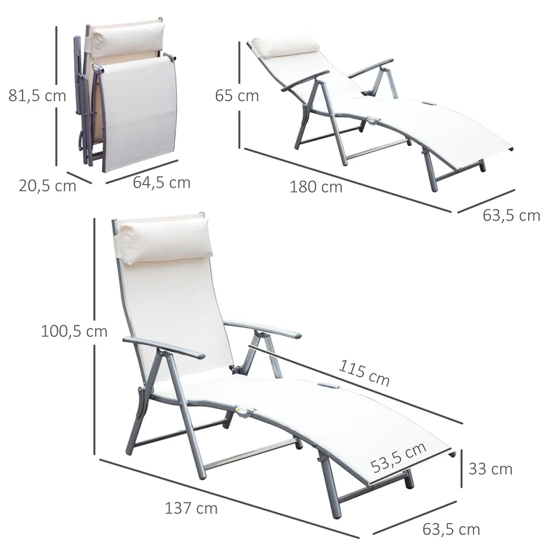 Outsunny Set de 2 Tumbonas Plegables de Jardín Exterior con Respaldo Ajustable Almohada y Reposabrazos Carga 165 kg para Piscina Terraza Camping 137x63,5x100,5 cm Beige