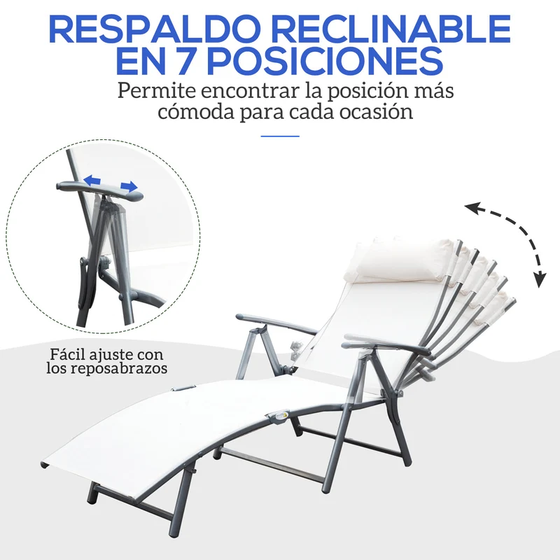 Outsunny Set de 2 Tumbonas Plegables de Jardín Exterior con Respaldo Ajustable Almohada y Reposabrazos Carga 165 kg para Piscina Terraza Camping 137x63,5x100,5 cm Beige