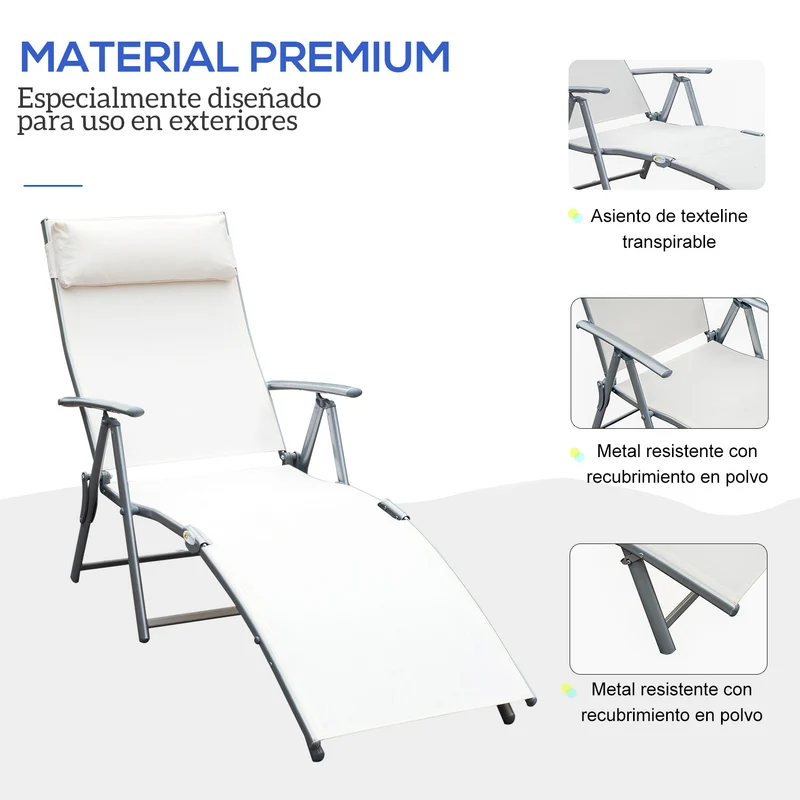 Outsunny Set de 2 Tumbonas Plegables de Jardín Exterior con Respaldo Ajustable Almohada y Reposabrazos Carga 165 kg para Piscina Terraza Camping 137x63,5x100,5 cm Beige