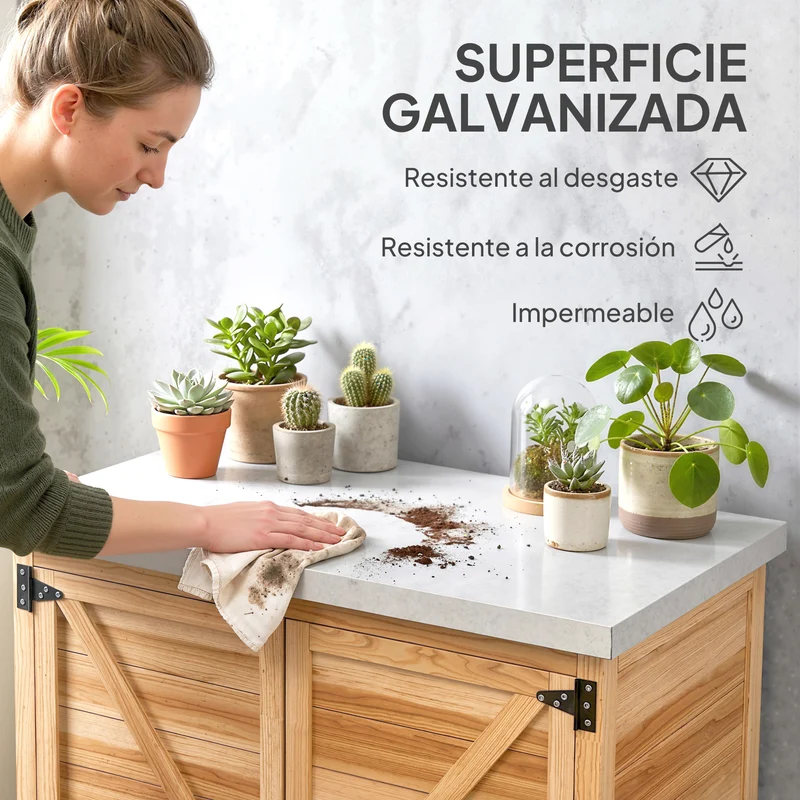 Outsunny Armario de Exterior de Madera, Caseta de Jardín Exterior con Techo de Acero Galvanizado, Estante, 2 Puertas, Cobertizo de Jardín para Almacenamiento de Herramientas, 79x43x92 cm, Natural