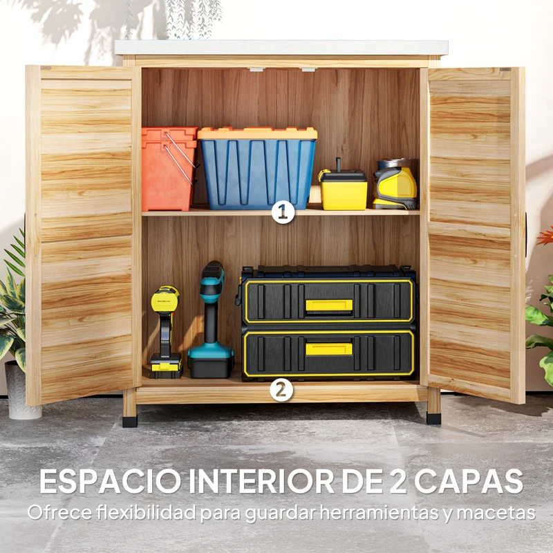 Outsunny Armario de Exterior de Madera, Caseta de Jardín Exterior con Techo de Acero Galvanizado, Estante, 2 Puertas, Cobertizo de Jardín para Almacenamiento de Herramientas, 79x43x92 cm, Natural