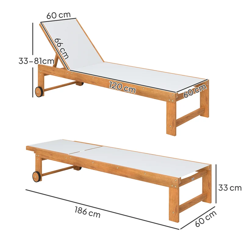 Outsunny Juego de 2 Tumbonas de Madera de Acacia Tumbonas de Jardín Exterior con Ruedas Respaldo Ajustable en 4 Niveles Carga 160 kg para Patio Terraza Balcón Teca y Gris