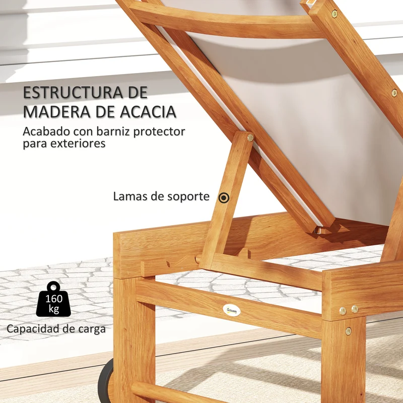 Outsunny Juego de 2 Tumbonas de Madera de Acacia Tumbonas de Jardín Exterior con Ruedas Respaldo Ajustable en 4 Niveles Carga 160 kg para Patio Terraza Balcón Teca y Gris