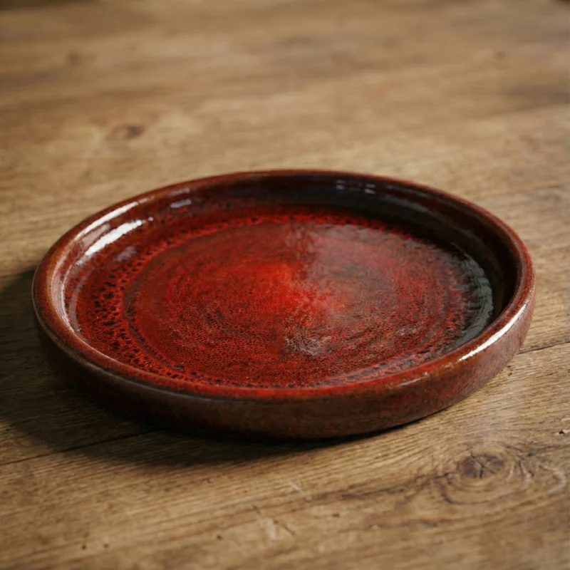 Soucoupe 17cm rouge tropical faite à la main en terre cuite émaillée