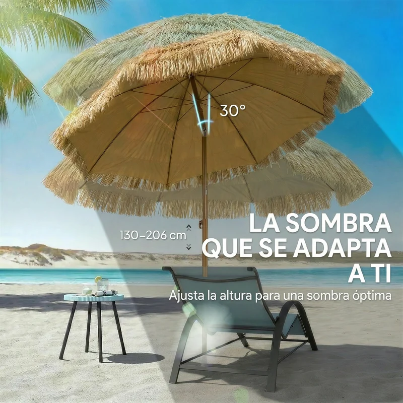 Outsunny Sombrilla de Playa con Flecos de Paja Ø178 cm, Sombrilla de Terraza Exterior con Inclinación, Altura Ajustable, UV50+, Bolsa de Transporte, Anclaje de Arena, Marrón Claro