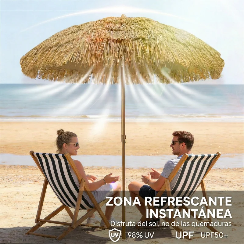 Outsunny Sombrilla de Playa con Flecos de Paja Ø178 cm, Sombrilla de Terraza Exterior con Inclinación, Altura Ajustable, UV50+, Bolsa de Transporte, Anclaje de Arena, Marrón Claro