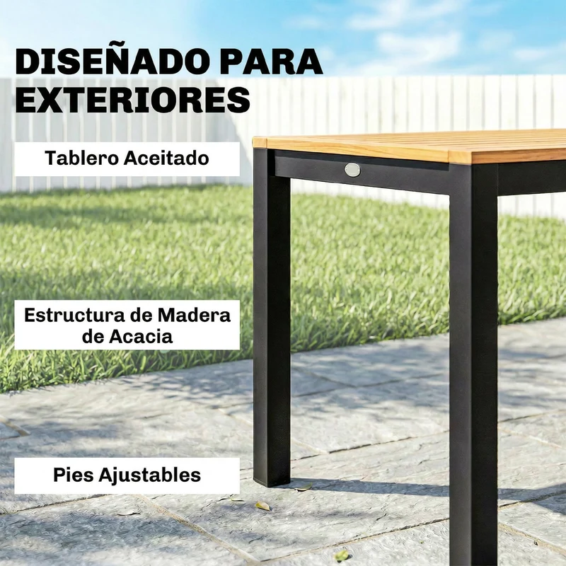 Outsunny Mesa de Comedor de Jardín de Madera de Acacia, Mesa de Terraza Exterior Rectangular 150x75x75 cm con Tablero de Listones, Orificio Sombrilla para 6 Personas, Carga 80 kg, para Patio, Natural