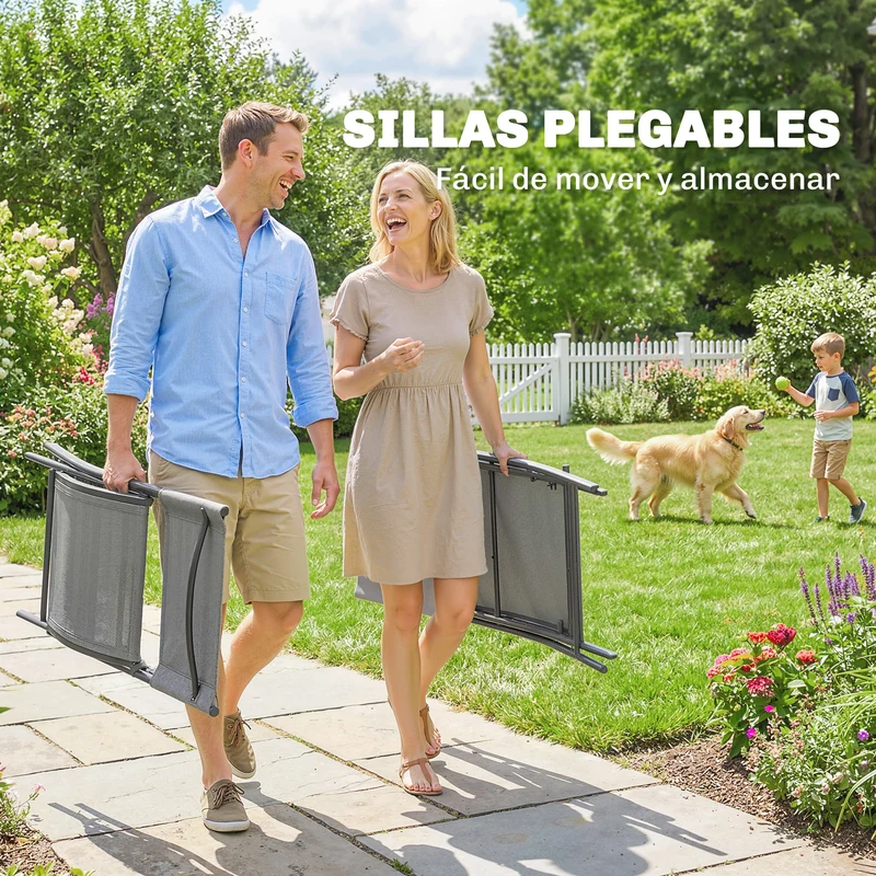 Outsunny Conjunto de Mesa y Sillas Jardín de 5 Piezas, Muebles de Jardín Exterior con 4 Sillas Plegables y Mesa Plegable, para Terraza, Patio, Gris