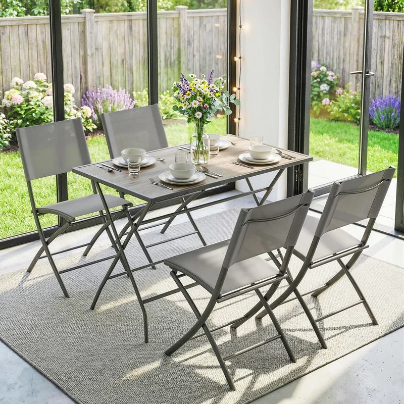 Outsunny Conjunto de Mesa y Sillas Jardín de 5 Piezas, Muebles de Jardín Exterior con 4 Sillas Plegables y Mesa Plegable, para Terraza, Patio, Gris