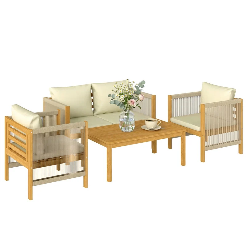 Outsunny Conjunto de Jardín Exterior de 4 Piezas, Muebles Jardín Exterior con Sofá de 2 Plazas, 2 Sillones, Mesa de Madera de Acacia, Cojines Acolchados y Decoración de Cuerda PP, para Terraza, Beige
