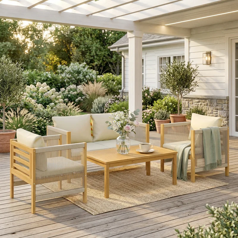 Outsunny Conjunto de Jardín Exterior de 4 Piezas, Muebles Jardín Exterior con Sofá de 2 Plazas, 2 Sillones, Mesa de Madera de Acacia, Cojines Acolchados y Decoración de Cuerda PP, para Terraza, Beige