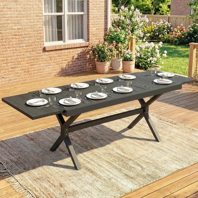 Outsunny Mesa de Jardín Extensible con Superficie de Aluminio, 154/214x85 cm, Mesa de Comedor Exterior Extensible Rectangular con Imitación Madera para 8-10 Personas, para Patio, Terraza, Gris Oscuro
