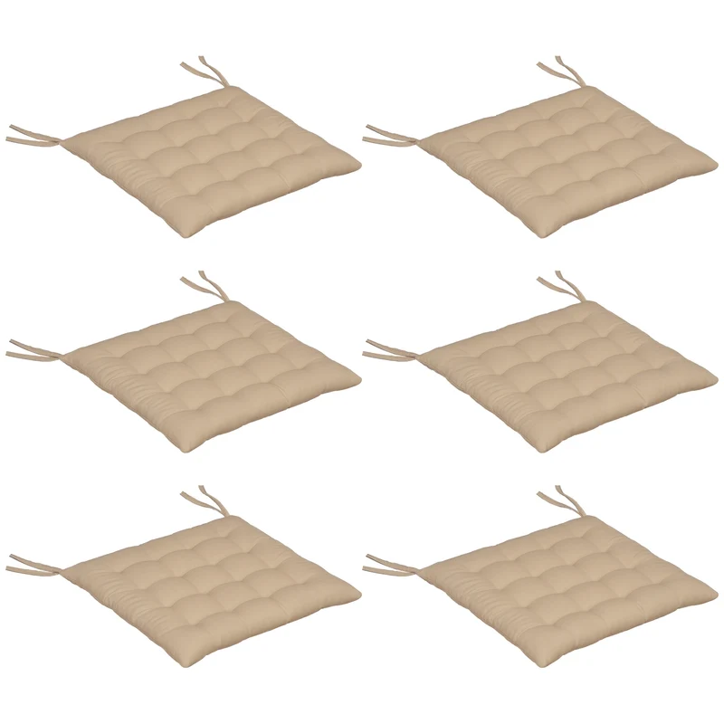 Outsunny Juego de 6 Cojines para Sillas de Comedor, 40x40 cm, 6 Piezas, Cojines para Sillas de Jardín Acolchados con Cintas y Fundas Extraíbles, Caqui