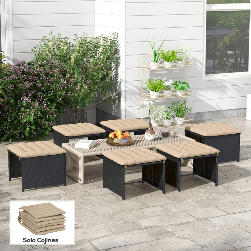 Outsunny Juego de 6 Cojines para Sillas de Comedor, 40x40 cm, 6 Piezas, Cojines para Sillas de Jardín Acolchados con Cintas y Fundas Extraíbles, Caqui