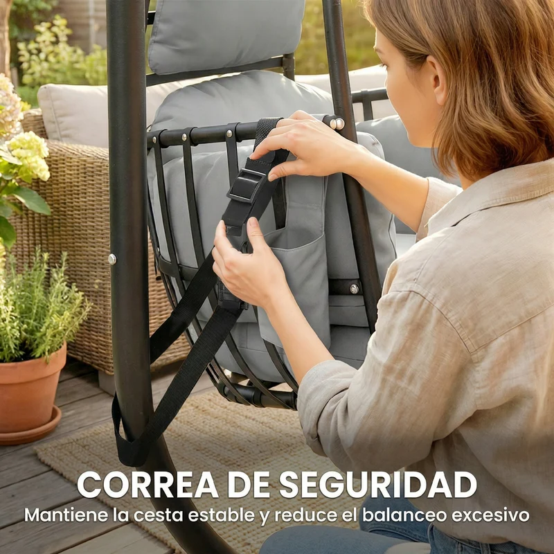 Outsunny Silla Colgante Huevo con Soporte, Columpio de Jardín Exterior con Cesta Plegable, Reposacabezas, Cojín, Bolsillo Lateral, Columpio Colgante para Interior y Exterior, Carga 120 kg, Gris Oscuro