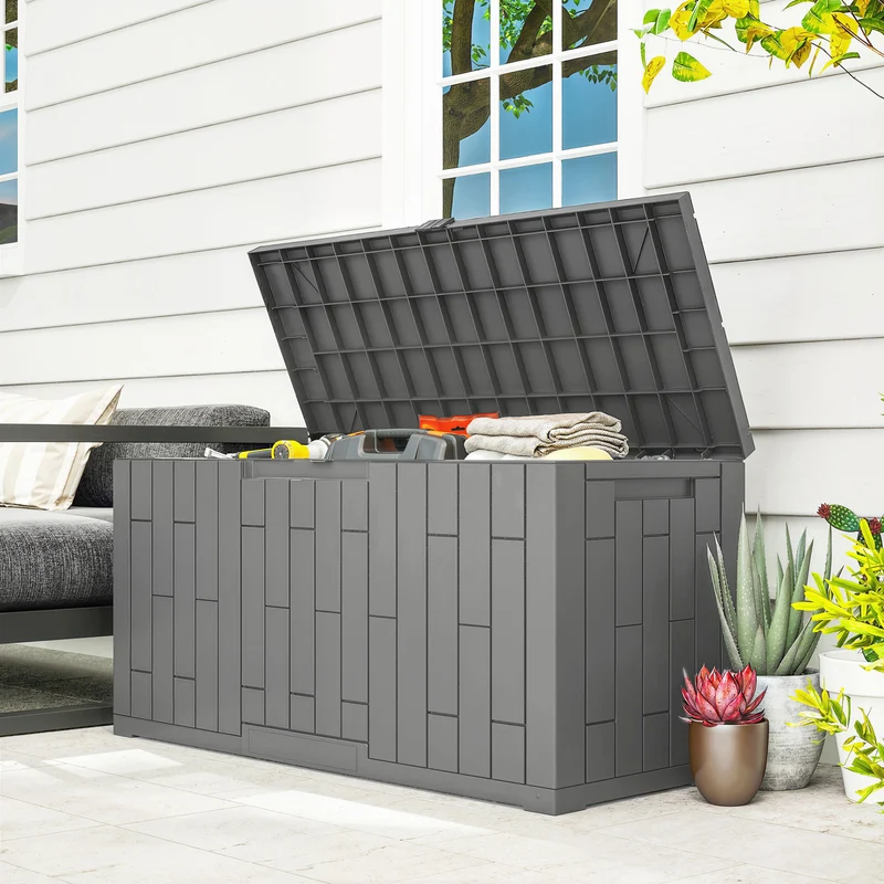 Outsunny Arcón Exterior Capacidad 227L, Baúl de Almacenaje Exterior de Resina Resistente al Agua y a los Rayos UV, con Cerradura para Jardín, Terraza, Patio, 106,5x43x54,5 cm, Gris