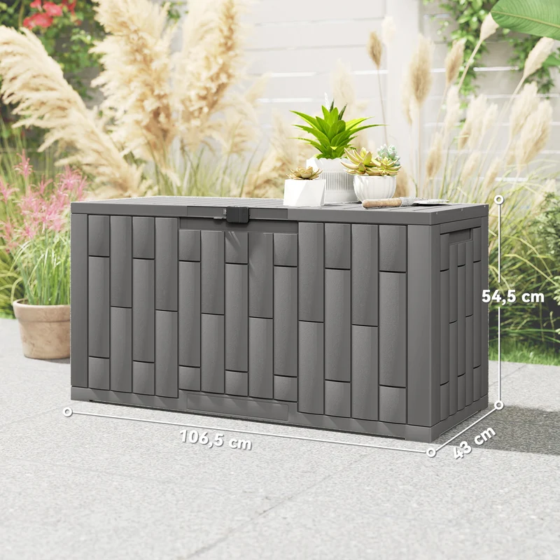 Outsunny Arcón Exterior Capacidad 227L, Baúl de Almacenaje Exterior de Resina Resistente al Agua y a los Rayos UV, con Cerradura para Jardín, Terraza, Patio, 106,5x43x54,5 cm, Gris