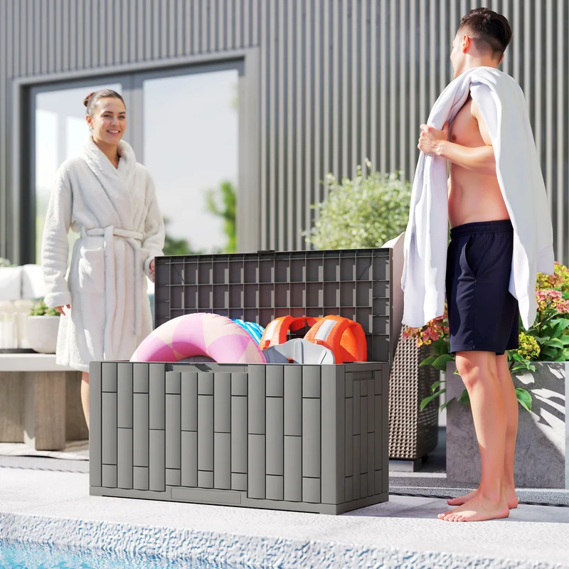 Outsunny Arcón Exterior Capacidad 227L, Baúl de Almacenaje Exterior de Resina Resistente al Agua y a los Rayos UV, con Cerradura para Jardín, Terraza, Patio, 106,5x43x54,5 cm, Gris