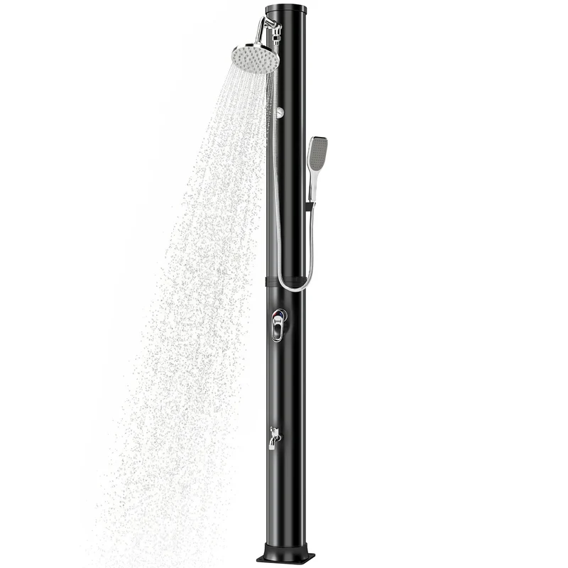 Outsunny Ducha Solar de Jardín 40L Ducha Solar Exterior con Cabezal Rociador de Mano Grifo de Pies Agua Fría y Caliente Máx. 60 °C Conexión Manguera para Piscina Camping Patio 19,5x19,5x218,5 cm Negro