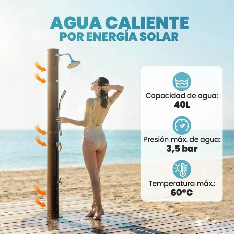 Outsunny Ducha Solar de Jardín 40L Ducha Solar Exterior con Cabezal Rociador de Mano Grifo de Pies Agua Fría y Caliente Máx. 60 °C Conexión Manguera para Piscina Camping Patio 19,5x19,5x218,5 cm Negro