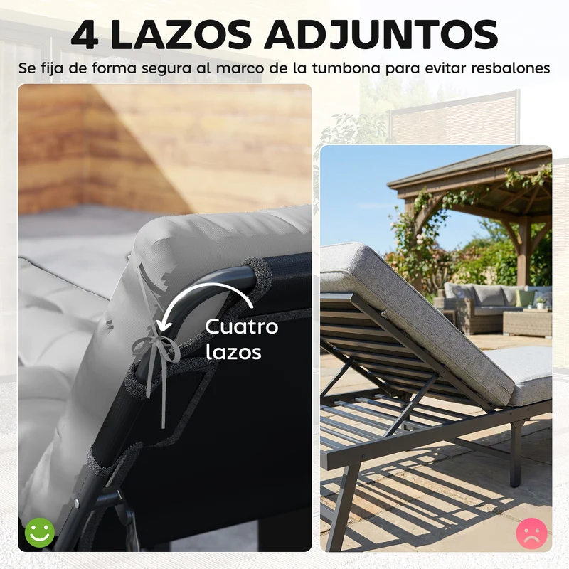Outsunny Juego de 2 Cojines para Tumbonas, 180x55x8 cm, Cojines para Tumbonas de Exterior Gruesas, UPF30+, Almohadillas de Repuesto para Tumbonas con 4 Cintas, Gris Claro