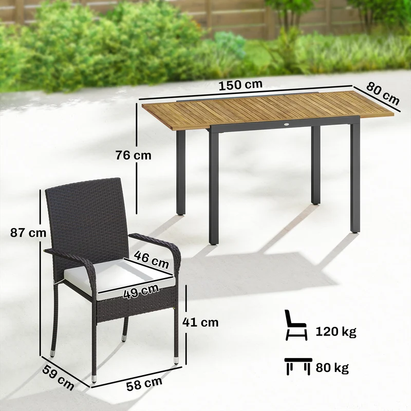 Outsunny Conjunto de Mesa y Sillas Jardín de Ratán de 7 Piezas, Muebles Jardín Exterior con Mesa Extensible 100-150 cm Tablero Madera y 6 Sillas Apilables con Cojines Extraíbles, Marco de Acero, Crema