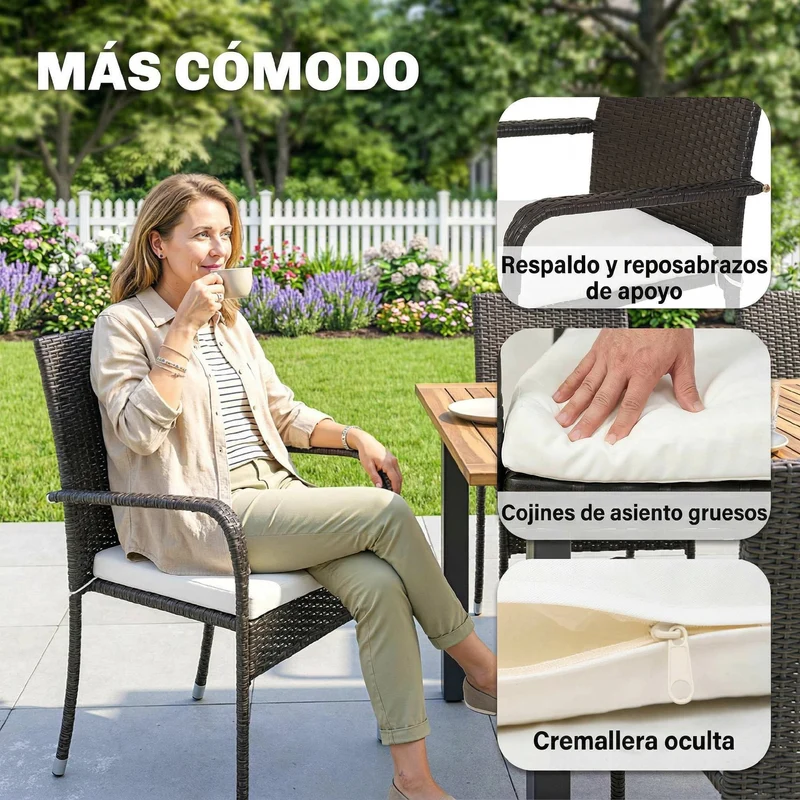 Outsunny Conjunto de Mesa y Sillas Jardín de Ratán de 7 Piezas, Muebles Jardín Exterior con Mesa Extensible 100-150 cm Tablero Madera y 6 Sillas Apilables con Cojines Extraíbles, Marco de Acero, Crema