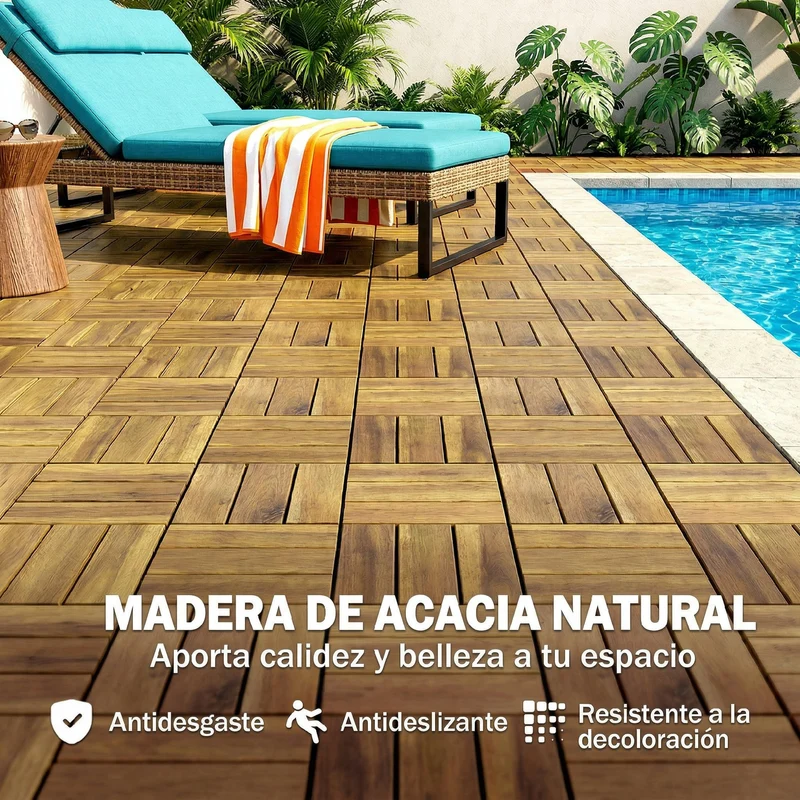 Outsunny Set de 10 Piezas Baldosas de Exterior de Madera de Acacia, 31x31 cm, 0,91 m², Suelo de Terraza Exterior, Antideslizantes y Resistentes al Clima, Fácil Instalación, para Terraza, Natural