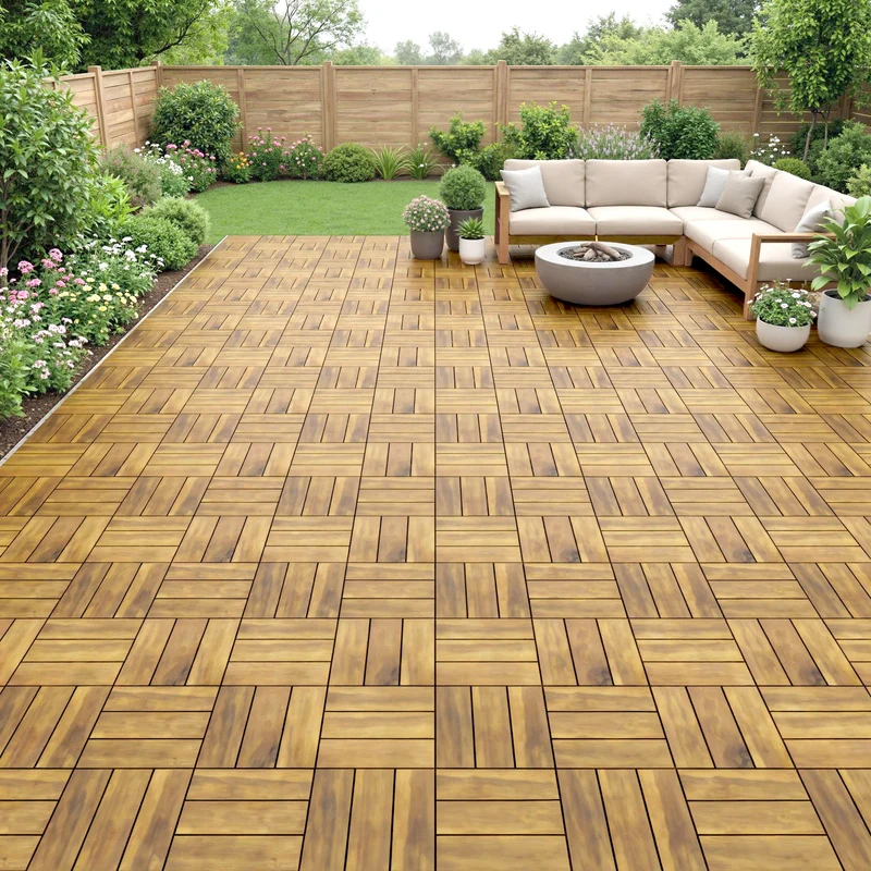 Outsunny Set de 10 Piezas Baldosas de Exterior de Madera de Acacia, 31x31 cm, 0,91 m², Suelo de Terraza Exterior, Antideslizantes y Resistentes al Clima, Fácil Instalación, para Terraza, Natural