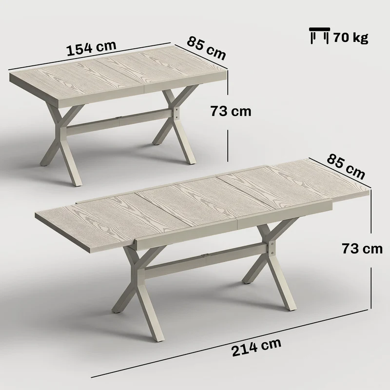 Outsunny Mesa de Jardín Extensible con Superficie de Aluminio, 154/214x85 cm, Mesa de Comedor Exterior Extensible Rectangular con Imitación Madera para 8-10 Personas, para Patio, Terraza, Gris Claro