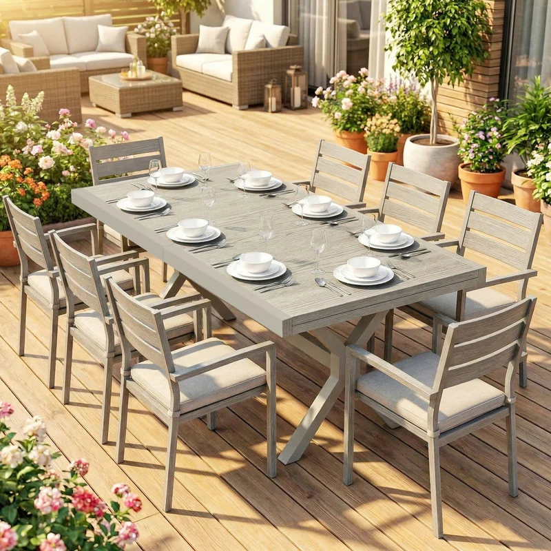 Outsunny Mesa de Jardín Extensible con Superficie de Aluminio, 154/214x85 cm, Mesa de Comedor Exterior Extensible Rectangular con Imitación Madera para 8-10 Personas, para Patio, Terraza, Gris Claro