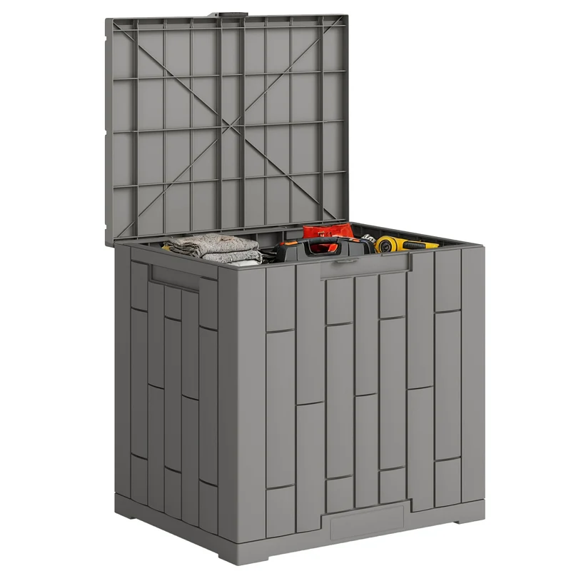 Outsunny Arcón Exterior Capacidad 114L, Baúl de Almacenaje Exterior de Resina Resistente al Agua y a los Rayos UV, con Cerradura para Jardín, Terraza, Patio, 56x44x54 cm, Gris