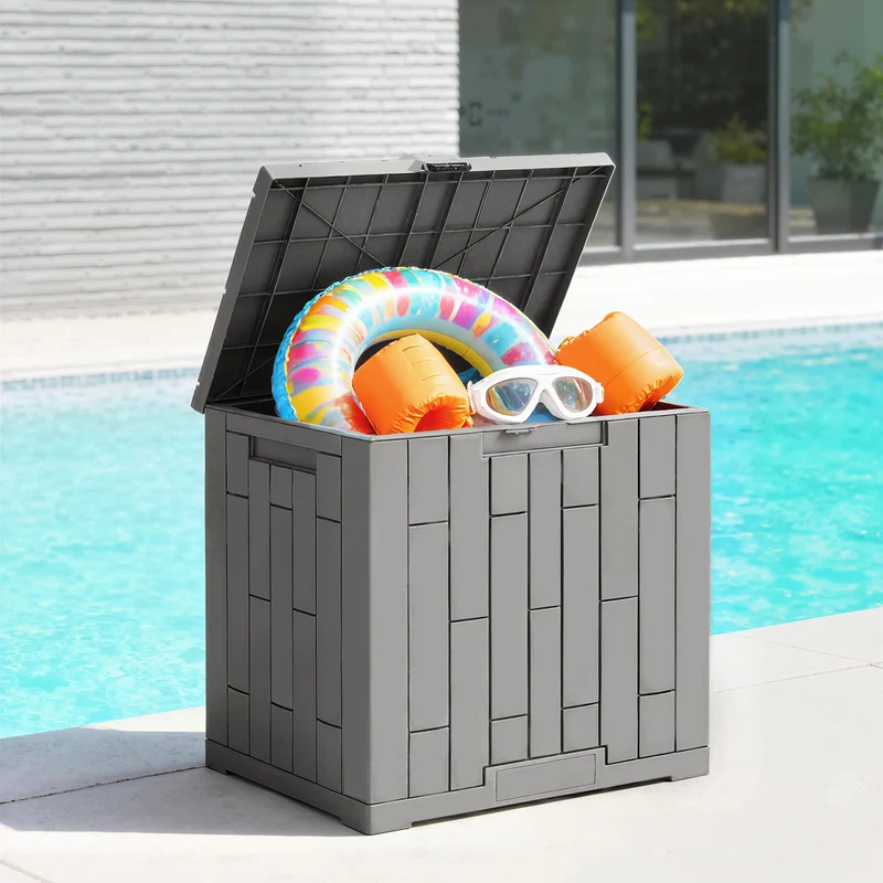 Outsunny Arcón Exterior Capacidad 114L, Baúl de Almacenaje Exterior de Resina Resistente al Agua y a los Rayos UV, con Cerradura para Jardín, Terraza, Patio, 56x44x54 cm, Gris