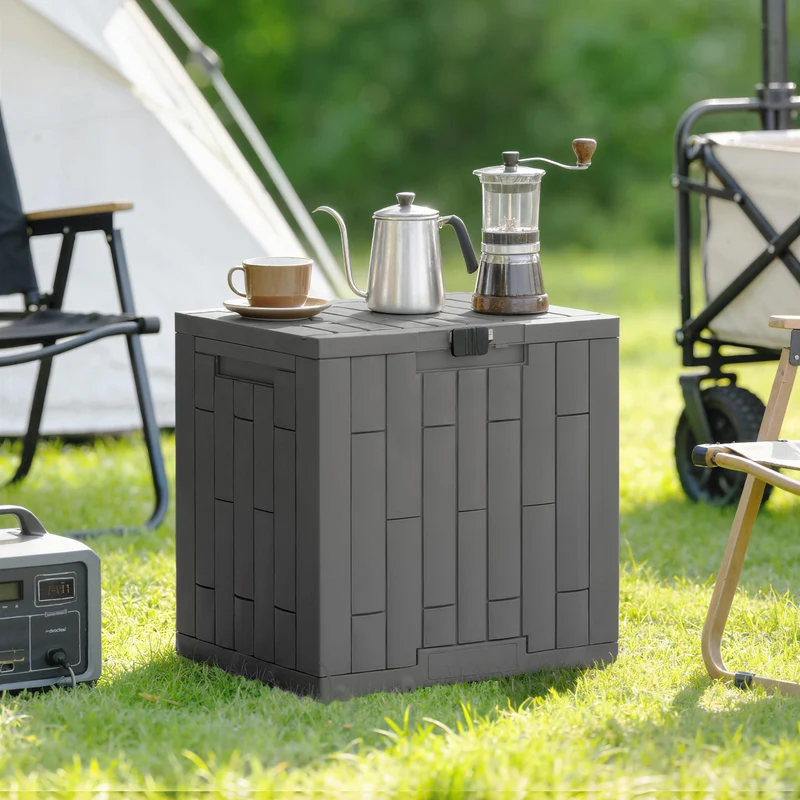 Outsunny Arcón Exterior Capacidad 114L, Baúl de Almacenaje Exterior de Resina Resistente al Agua y a los Rayos UV, con Cerradura para Jardín, Terraza, Patio, 56x44x54 cm, Gris