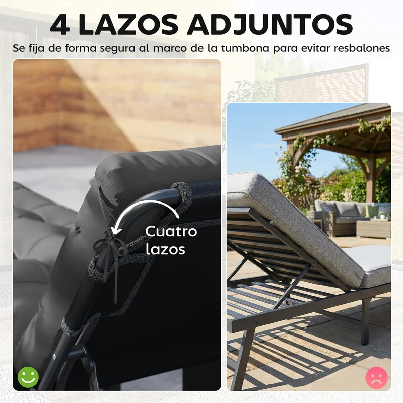Outsunny Juego de 2 Cojines para Tumbonas, 180x55x8 cm, Cojines para Tumbonas de Exterior Gruesas, UPF30+, Almohadillas de Repuesto para Tumbonas con 4 Cintas, Gris Oscuro