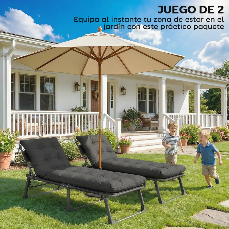 Outsunny Juego de 2 Cojines para Tumbonas, 180x55x8 cm, Cojines para Tumbonas de Exterior Gruesas, UPF30+, Almohadillas de Repuesto para Tumbonas con 4 Cintas, Gris Oscuro