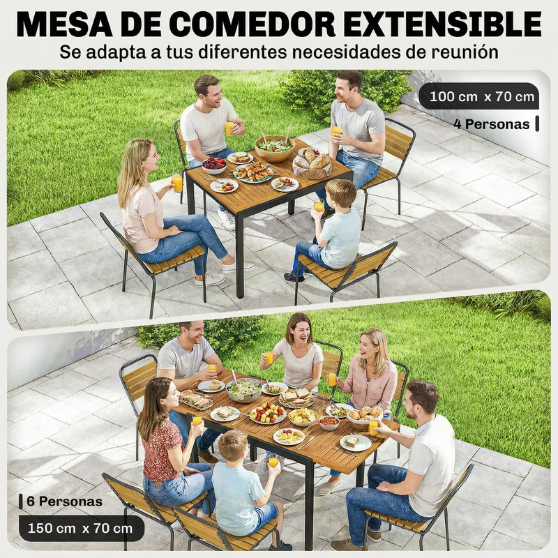 Outsunny Mesa de Jardín Extensible 100/150x70 cm, Mesa de Comedor Exterior Extensible Rectangular de Madera y Metal con Agujero para Sombrilla, para 4-6 Personas, para Patio, Terraza, Teca y Negro
