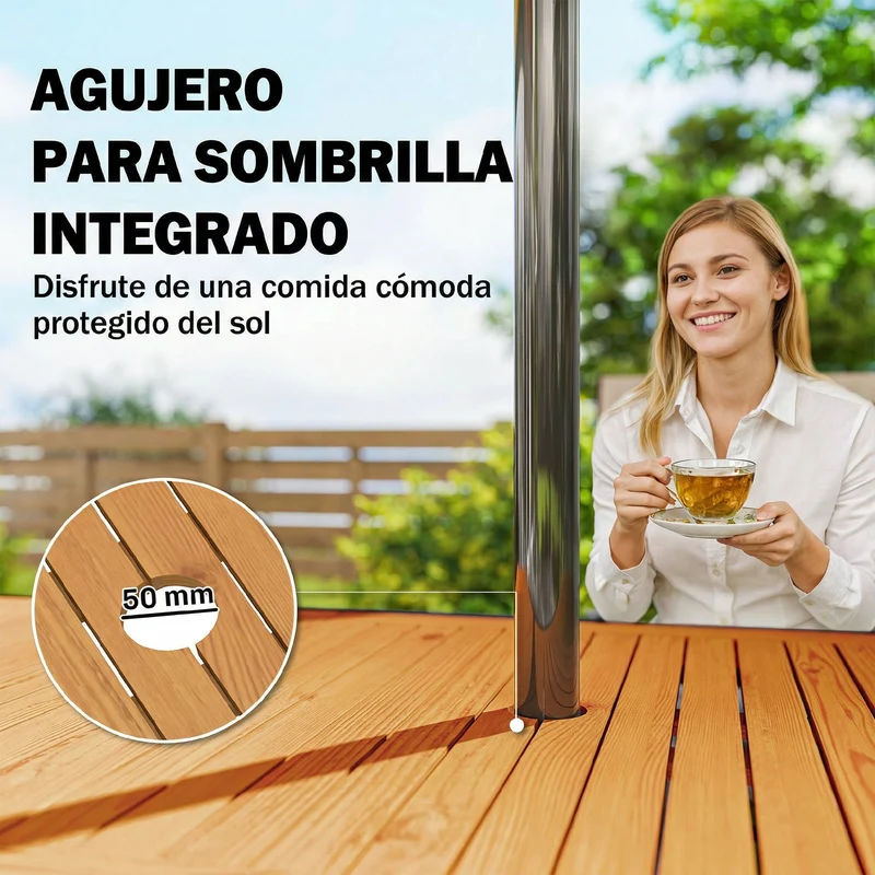 Outsunny Mesa de Jardín Extensible 100/150x70 cm, Mesa de Comedor Exterior Extensible Rectangular de Madera y Metal con Agujero para Sombrilla, para 4-6 Personas, para Patio, Terraza, Teca y Negro