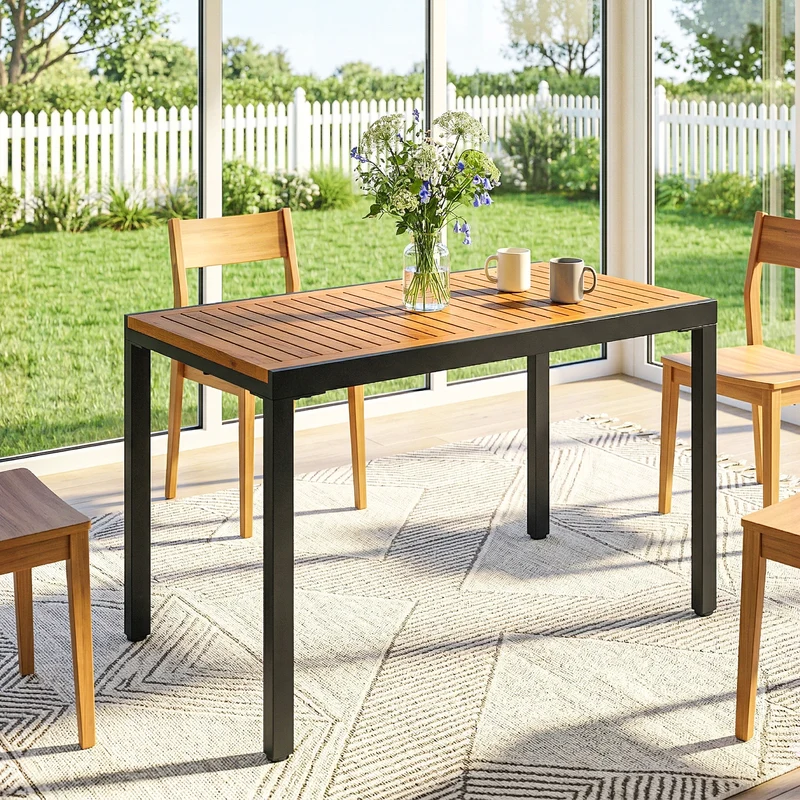 Outsunny Mesa de Jardín Extensible 100/150x70 cm, Mesa de Comedor Exterior Extensible Rectangular de Madera y Metal con Agujero para Sombrilla, para 4-6 Personas, para Patio, Terraza, Teca y Negro
