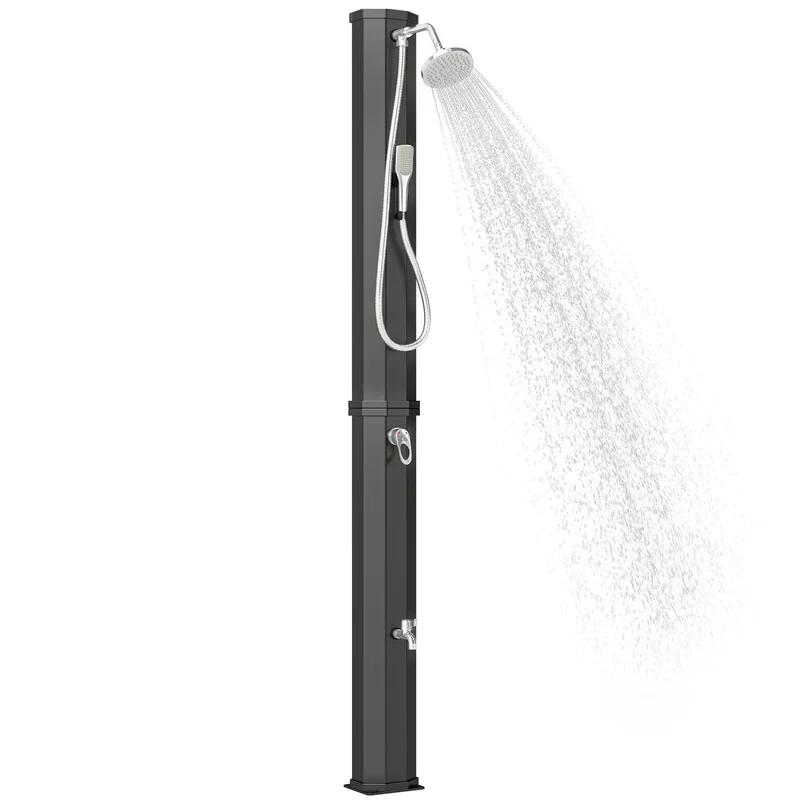 Outsunny Ducha Solar de Jardín 60 L Ducha Solar Exterior con Cabezal Rociador de Mano Grifo de Pies Agua Fría y Caliente Máx. 60 °C Conexión Manguera para Piscina Camping Patio 21,8x18,2x227 cm Negro