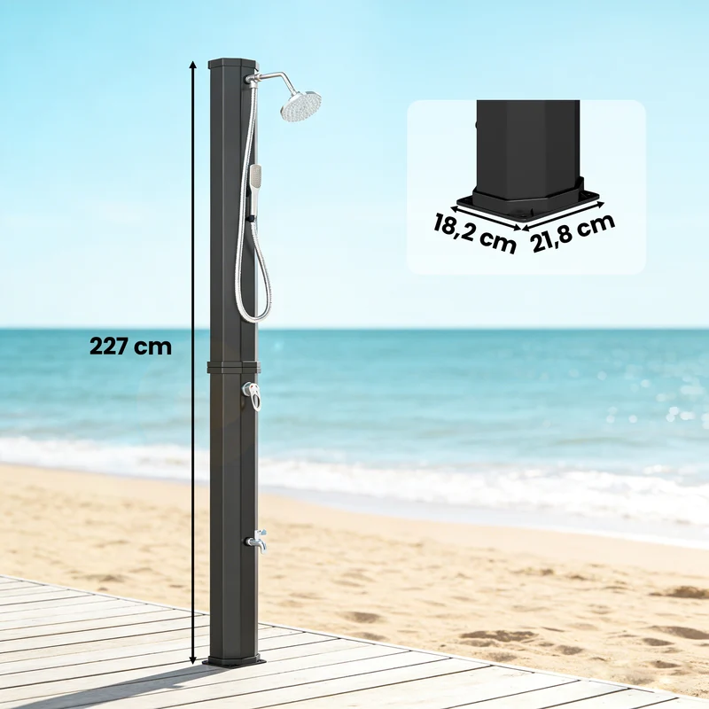 Outsunny Ducha Solar de Jardín 60 L Ducha Solar Exterior con Cabezal Rociador de Mano Grifo de Pies Agua Fría y Caliente Máx. 60 °C Conexión Manguera para Piscina Camping Patio 21,8x18,2x227 cm Negro