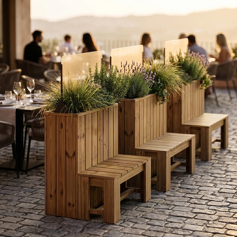 Jardinera de madera 75x34.5x100 con banco y paravientos h40