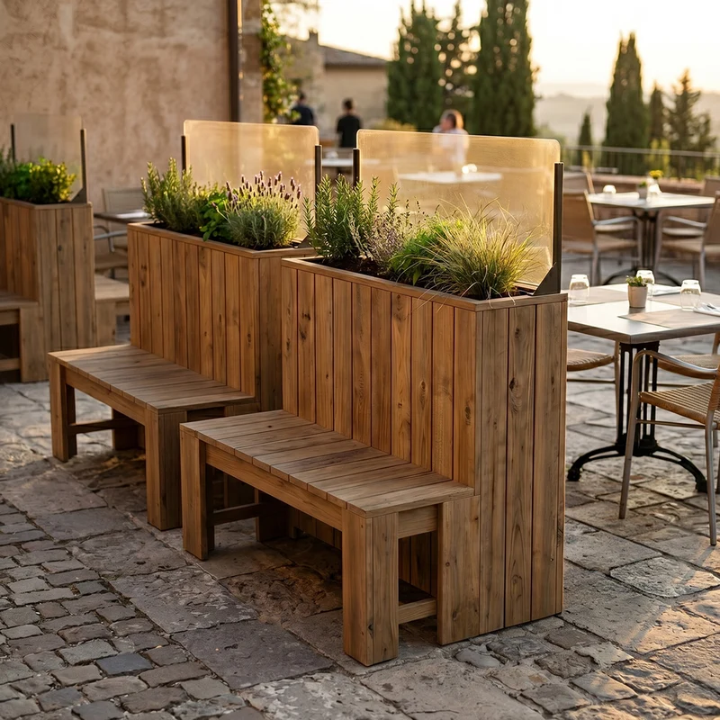 Jardinera de madera 100×34.5x100 Anclada con Paraviento H40 y Banco 100