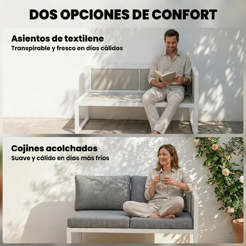 Outsunny Conjunto de Muebles Jardín Exterior de 4 Piezas Sofá Exterior Seccional Forma de L con 3 Sofás de 2 Plazas Asiento de Textilene Mesa con Tablero Efecto Madera WPC Cojines Gris Claro y Blanco