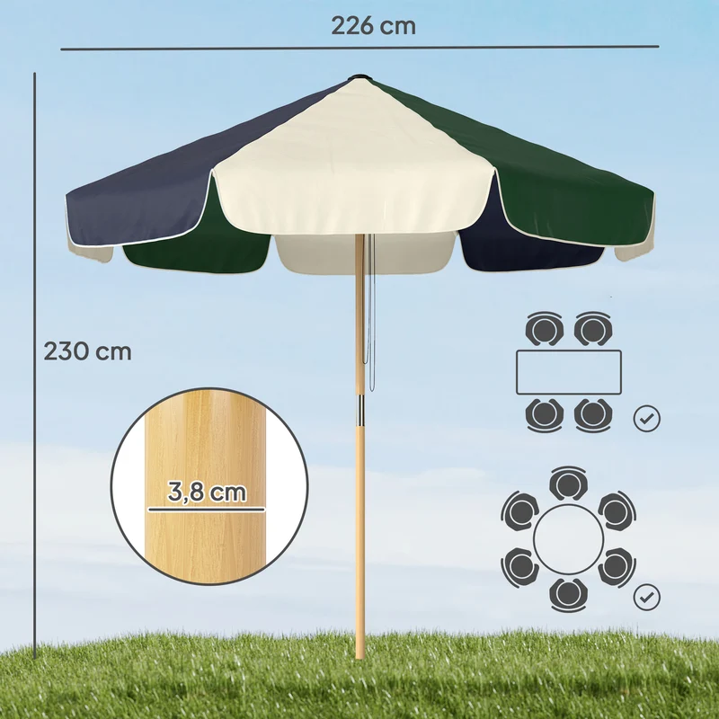 Outsunny Sombrilla Terraza Exterior, Ø2,3 m, Sombrilla de Jardín con Marco de Efecto Madera, Polea con Cuerda, Dosel Bicolor, UPF30+, Parasol para Playa, Patio, Terraza, Verde Oscuro