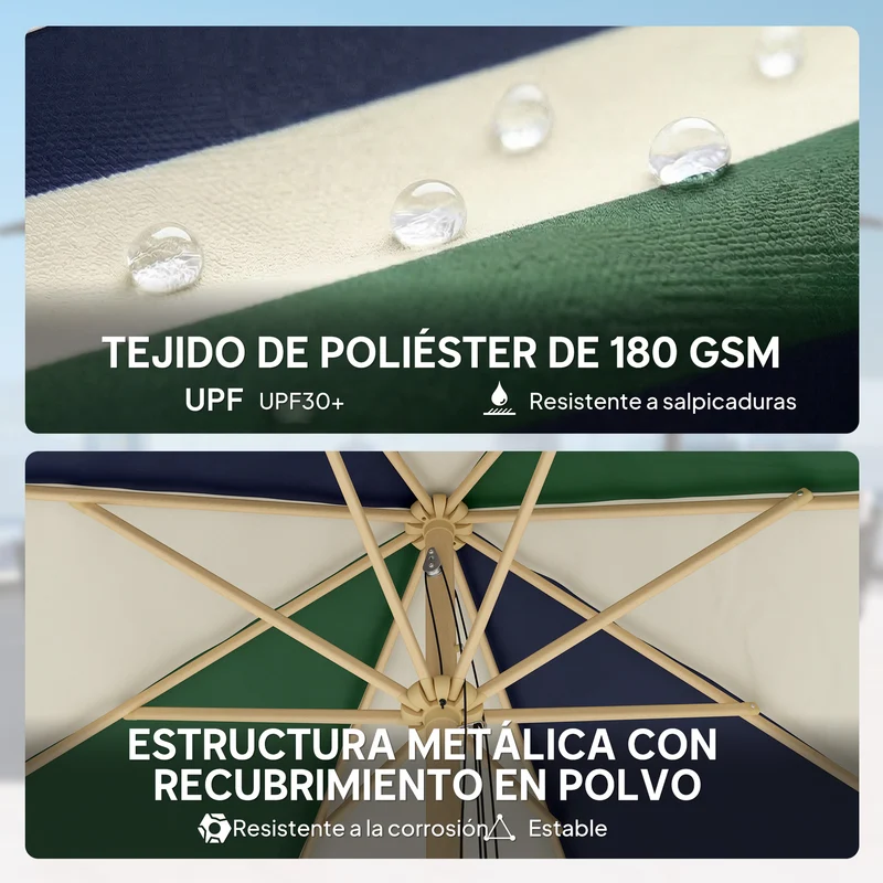 Outsunny Sombrilla Terraza Exterior, Ø2,3 m, Sombrilla de Jardín con Marco de Efecto Madera, Polea con Cuerda, Dosel Bicolor, UPF30+, Parasol para Playa, Patio, Terraza, Verde Oscuro