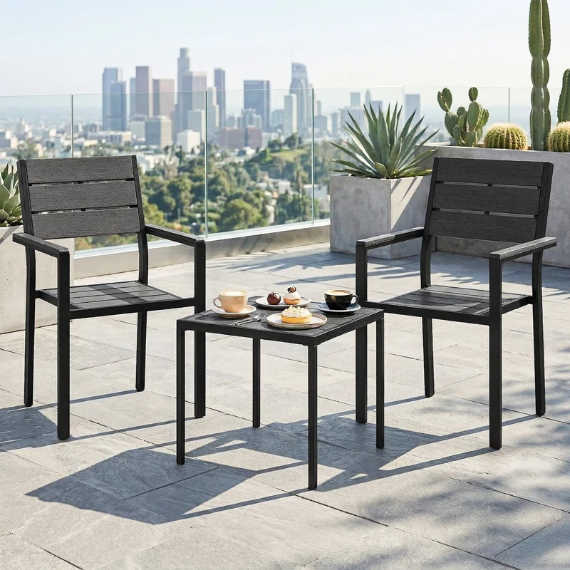 Outsunny Conjunto de Mesa y Sillas de Terraza Exterior de 3 Piezas Muebles de Jardín Exterior con 2 Sillas y Mesa de HDPE Diseño Listones Efecto Madera Marco Metal Resistente para Patio Balcón Negro