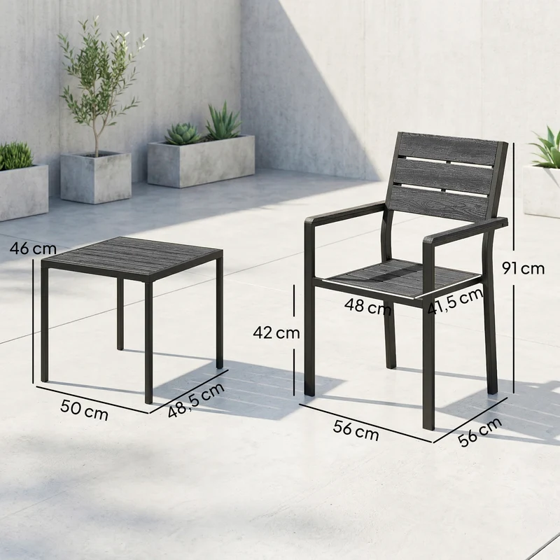 Outsunny Conjunto de Mesa y Sillas de Terraza Exterior de 3 Piezas Muebles de Jardín Exterior con 2 Sillas y Mesa de HDPE Diseño Listones Efecto Madera Marco Metal Resistente para Patio Balcón Negro