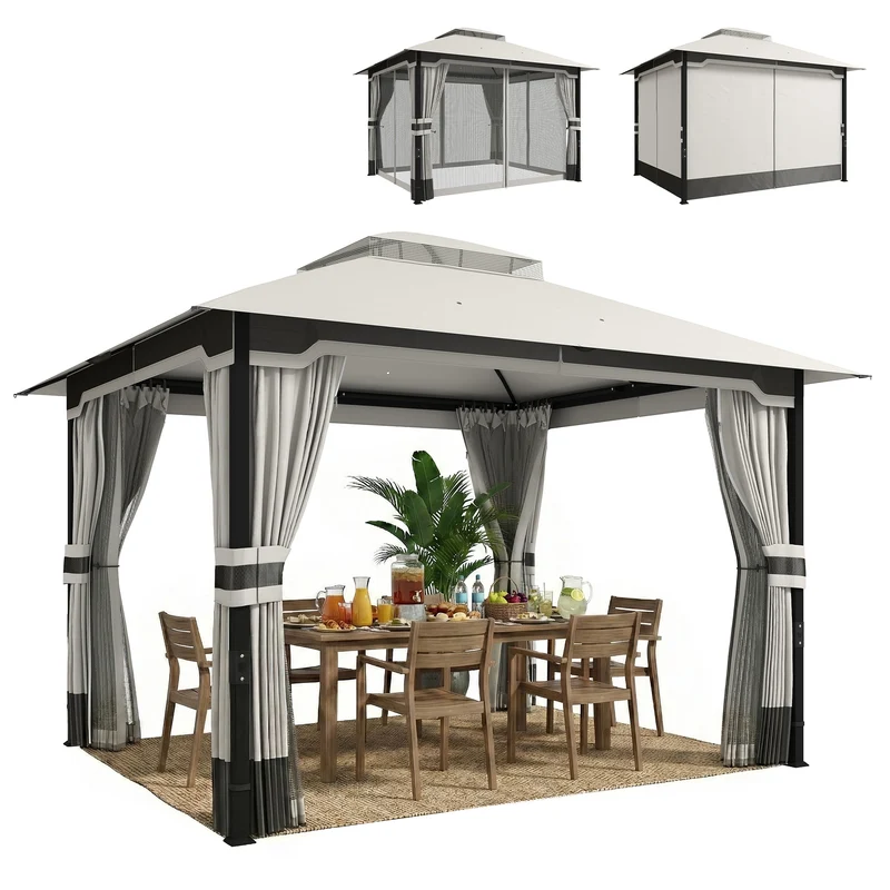 Outsunny Cenador para Jardín 3x3,6 m, Pabellón de Jardín Gazebo con Doble Techo, 4 Paredes Laterales y Mosquitera, Estructura Metálica, Drenaje, Carpa para Exterior, Terraza, Patio, Gris Claro