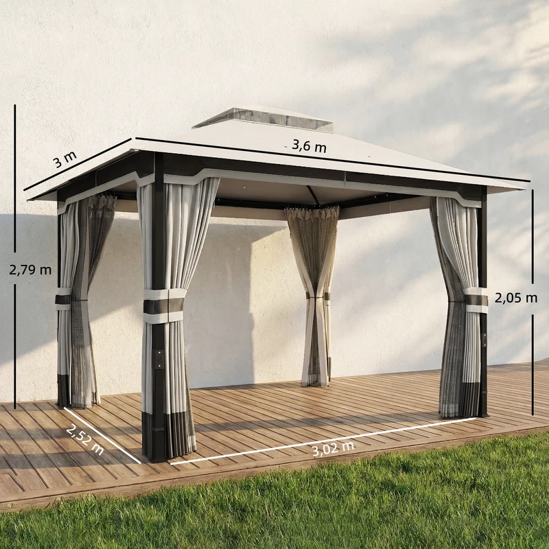 Outsunny Cenador para Jardín 3x3,6 m, Pabellón de Jardín Gazebo con Doble Techo, 4 Paredes Laterales y Mosquitera, Estructura Metálica, Drenaje, Carpa para Exterior, Terraza, Patio, Gris Claro